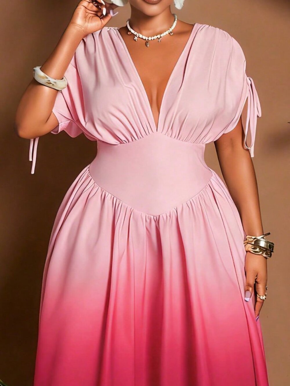 Multicolor Casual Women's Plus Size Ombre Tie-Front V-Neck A-Line Maxi Dress - Picture 4 of 7